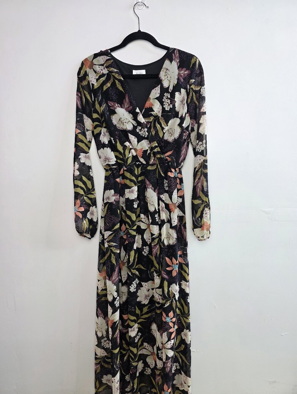 Everly Black Floral Long Sleeve Faux Wrap Maxi Dress, Size L